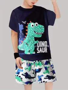 Boys Dinosaur Summer, Blue 'dino' Short Sleeve Top & Full Print Shorts, Cute Outdoor Wear, Casual All Seasons Clothing