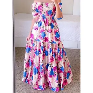 Women's 2025 Spring/Summer floral off shoulder dress with ruffles and brim, suitable for flared style women's clothing