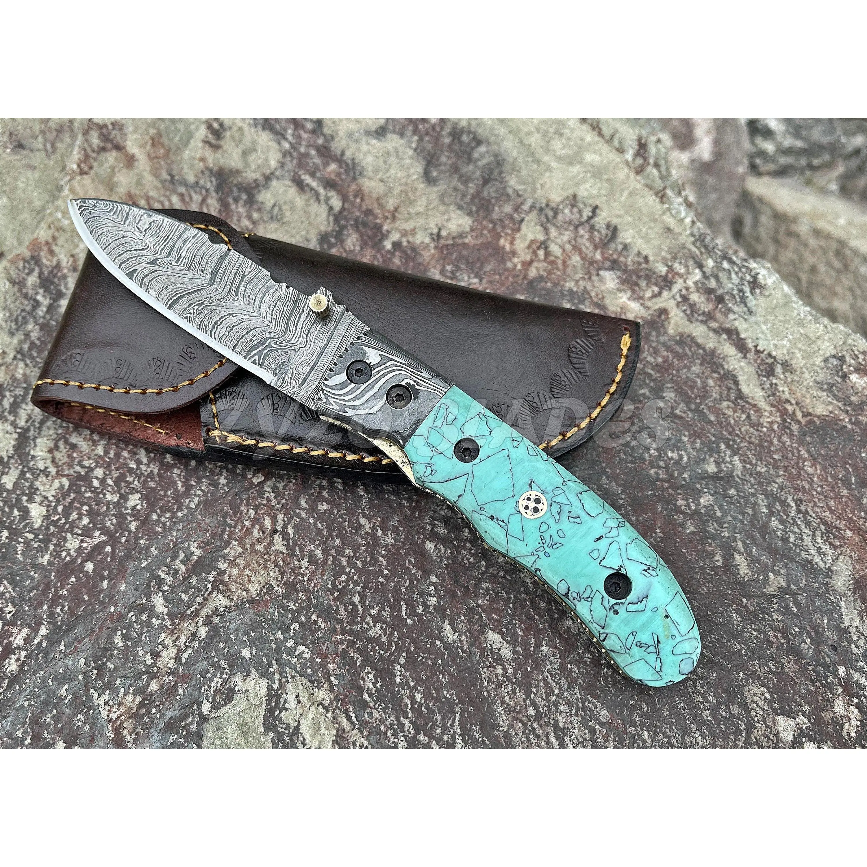 Turquoise Damascus Pocket Folding Knife