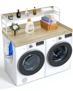 Washer And Dryer Countertop With Shelf, 27" Depth By 54" Width Laundry Countertop Oak Wood Topper With Edge Rails And Non-Slip Pads, Durable Oak Finish, For Laundry Room Organization And Appliance Work Surface