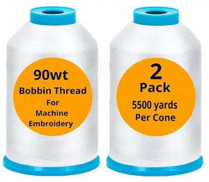 2-Pack Premium 90 WT Machine Embroidery Bobbin Thread White - Set of 2 X-Large Huge Polyester Cones 5500 Yards Each Spool Lint Free White Thread - Compatible with All Embroidery and Sewing Machines