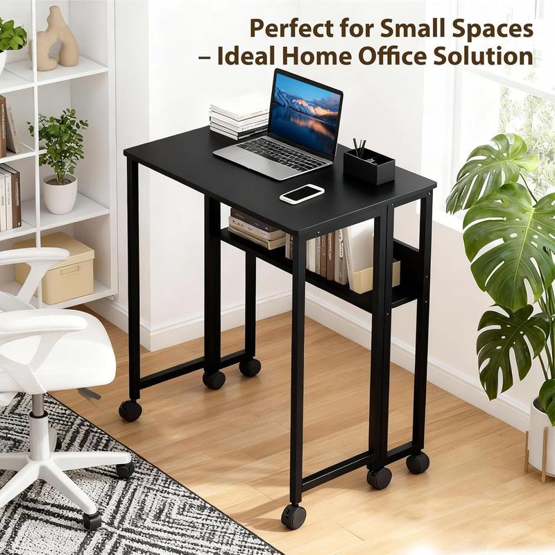 Folding Rolling Desk - 24.8 Inch Space Saving with Laptop Table Storage Shelf, Sturdy Frame, Mobile Workstation Sofa Table with Wheels for Dorms, Home, Office, Study Black Folding Rolling Desk - 24.8 Inch Space Saving with Laptop Table Storage Shelf, Sturdy Frame, Mobile Workstation Sofa Table with Wheels for Dorms, Home, Office, Study Black