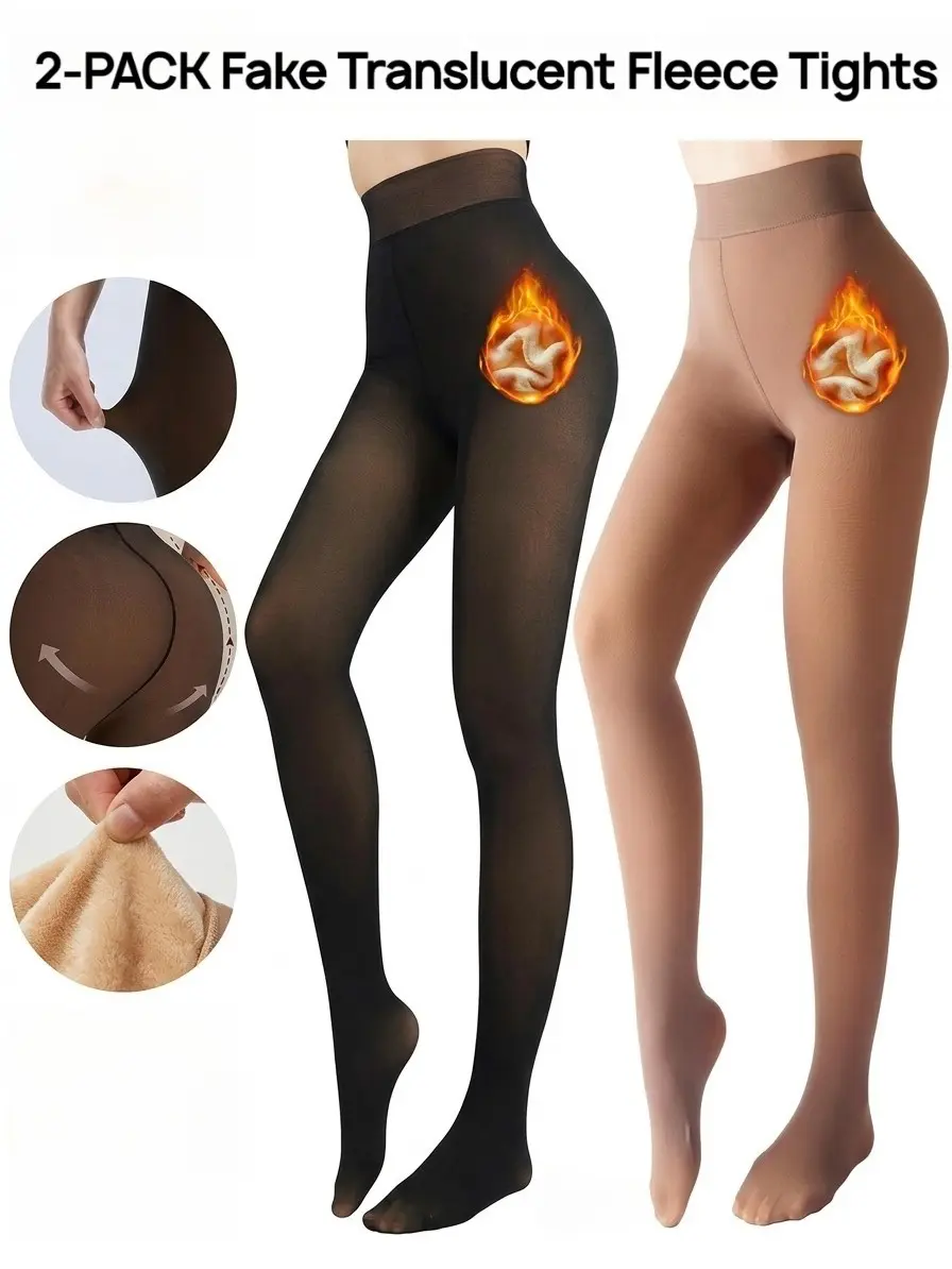 2 Pack Women's Fleece Lined Fake Translucent Tights High Waist Buttery Soft Stretchy Thermal Leggings Stockings Warm Winter Footed Pantyhose