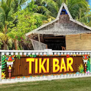 Tiki Bar Banner, 1pc Flat Banner, Summer Backdrop, Photography Background, Hawaiian Tiki Party Decorations, 118x20 Inch, Outdoor Use