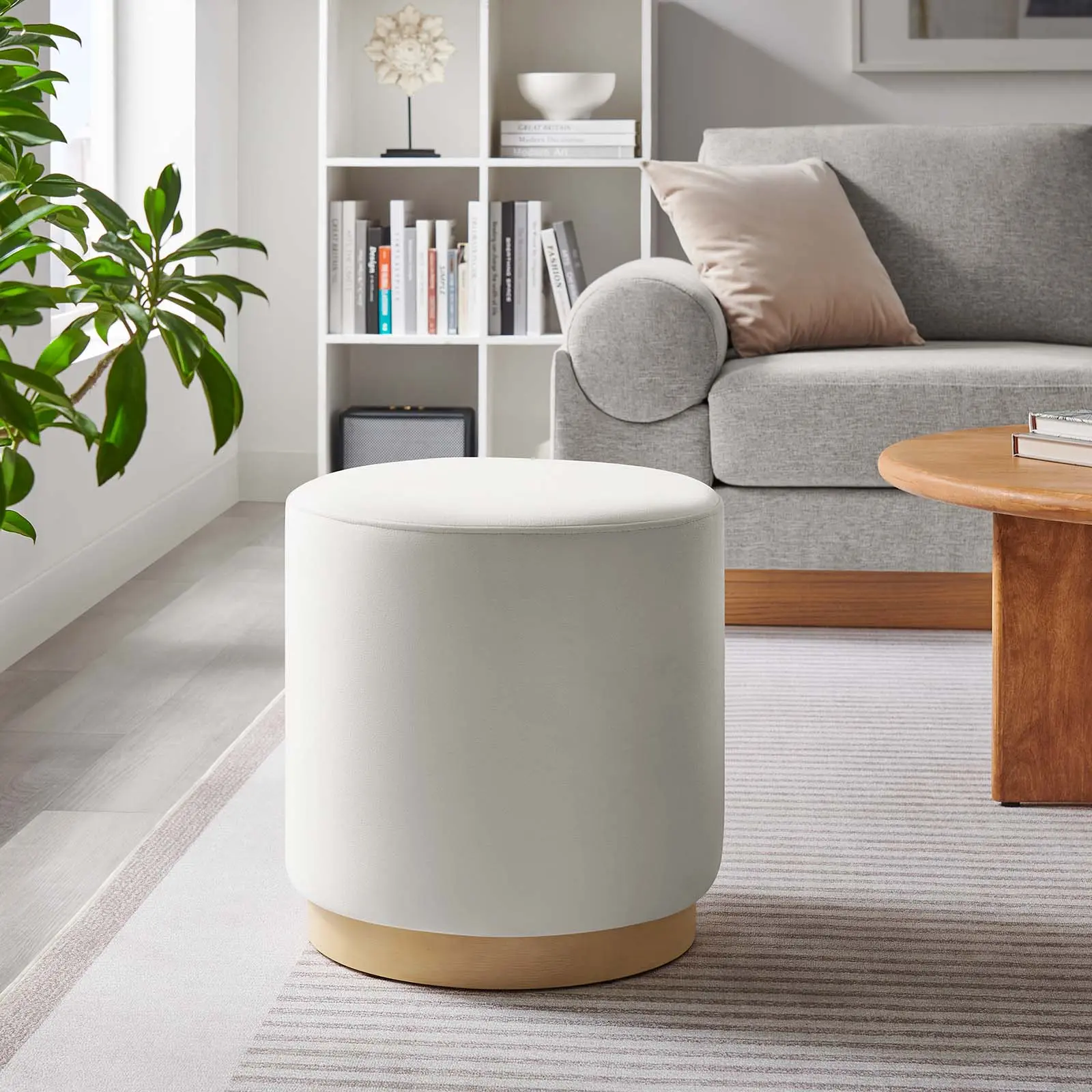 Modway Tilden 16" Round Performance Velvet Upholstered Ottoman Stool - Alabaster Natural, Foam-Filled, Space-Saving, Fully Assembled Indoor Furniture, 506 lbs Capacity, Clean Design, for Cozy Apartments & Modern Homes