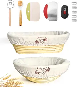 Banneton Bread Proofing Baskets Set – 10" Round & 11" Oval Bakeware with Washable Reusable Liners, Covers, Bread Lame, Dough Whisk, Brush, Bowl Scraper & Stainless Steel Scraper, Baking Utensils for Home Bakers