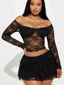 Adryana Ruffled Lace Skirt Set - Black