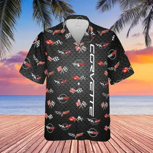 C1-C6 Corvette Flag Logo on Carbon Background Hawaiian Shirt Menswear Top Stylish Button Front Short Sleeve Shirt Four-Way Stretch Cotton Wool Polyester Fabric Sizes S-5XL