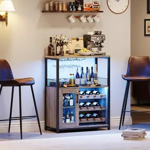 Gray Wine Bar Rack Cabinet with LED Light Adjustable Shelves Coffee Bar Cabinet with Mesh Door and Baffle Design 36 in Tall Kitchen Dinning Room Grey Storage Space