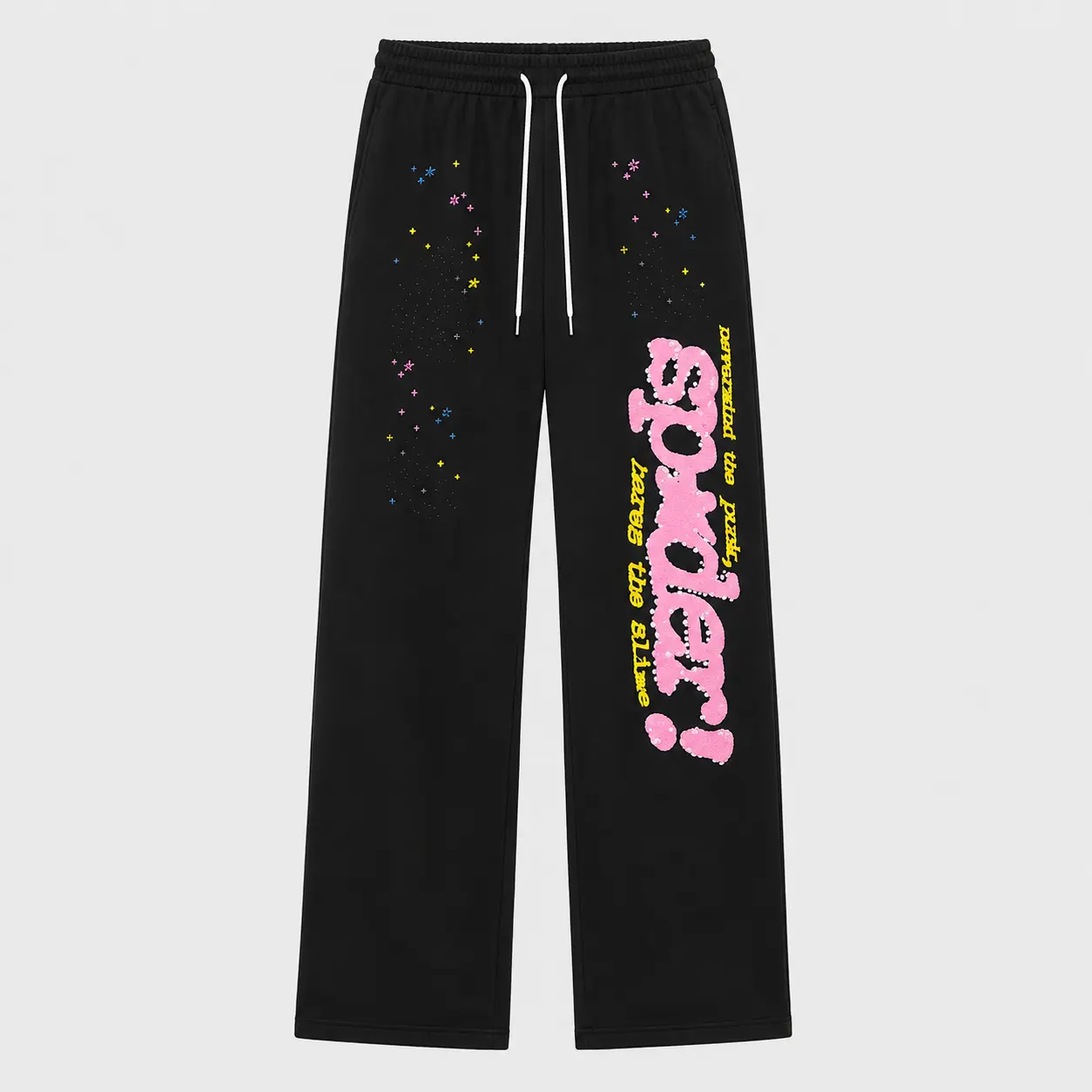 Sp5der Pink Logo Graphic Sweatpants, Star Print Y2K Streetwear Jogger Pants, Relaxed Fit Unisex Casual Bottoms