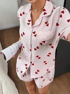 Valentine's Day Bubble Heart Print Pajama Set, Short Sleeve Button Top and Shorts, Women's Sleepwear and Homeewear