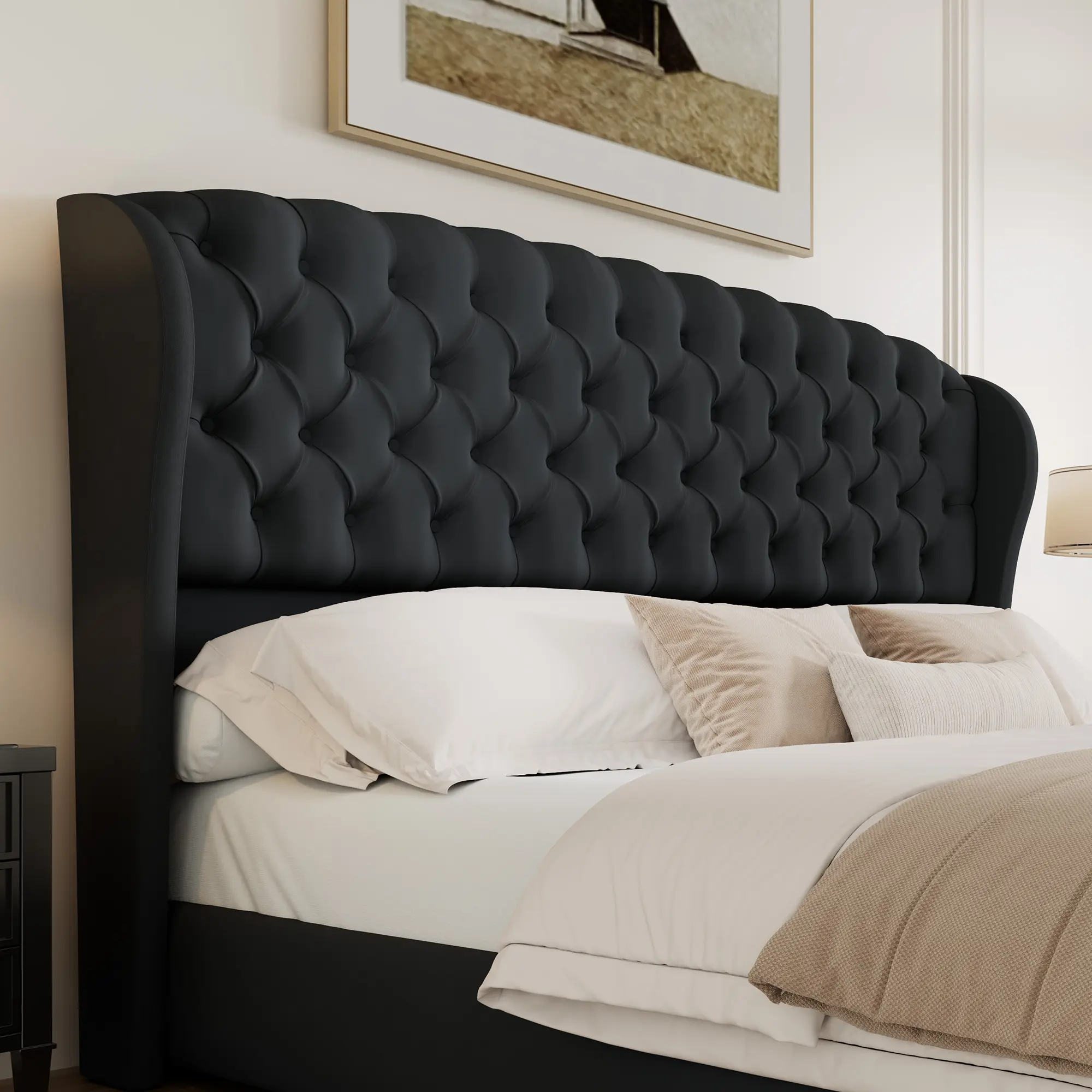 AMERLIFE  Headboard Only, Velvet Upholstered Wingback,  velvet upholstery, deep button tufted, curved wingback design,  easy assembly, contemporary bedroom