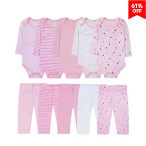 JY.COZY FOR BABY 10-Piece Baby Basics Set for Boys & Girls 0-12 Months Includes Tops & Pants Newborn Baby Girl Clothes for Everyday Casual Wear Long-sleeve Onesies Bodysuits in Pink Patterns