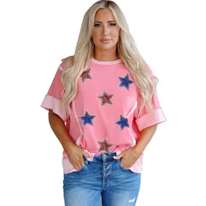 Women's Peach Blossom Sequin Star Graphic Tee - Contrast Patchwork Design