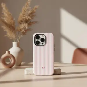 Personalized Monogram Phone Case For Women Preppy Pink Striped Summer Coastal Aesthetic Pink White Hard Shell Custom Case For iPhone 15 16 17 Cover Coquette Initial Name Protective Accessories Gift
