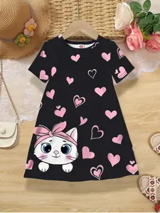 Girls' Summer Casual Cat Cartoon Dress, Round Neck Short Sleeve Fitted Design, Cute & Comfortable for Kids