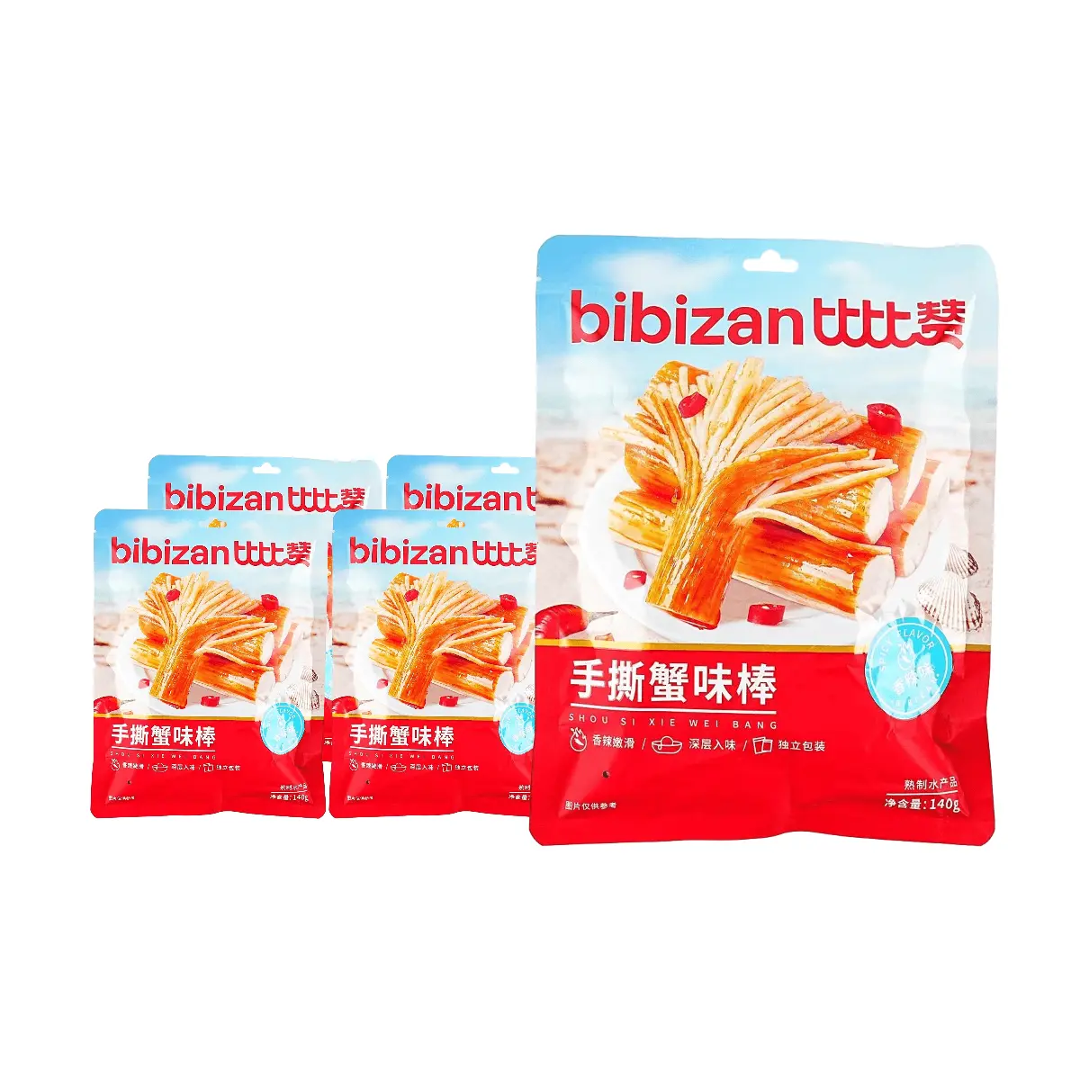 5 Pack BiBiZan Shredded Crab Sticks Spicy Flavor 4.9 oz Each - Chinese Seafood Snack, Ready to Eat