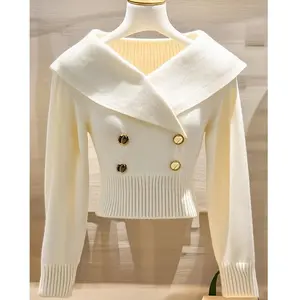 Fashionable White Knitted Sweater with Large Turn-down Collar Women's Slimming Waist Design Autumn Winter Small Fragrance Style