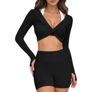 Yousify Womens Long Sleeve Workout Crop Tops Twist Deep V Neck Y2k Yoga Pilates Ballet T Shirt Top with Thumb Holes