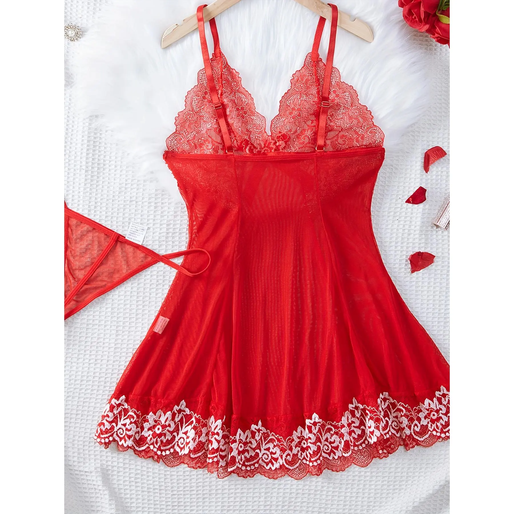 Sexy Floral Lace Babydoll Lingerie Dress with Bow Detail - V-Neckline,  Backless Design, Machine Washable Polyester
