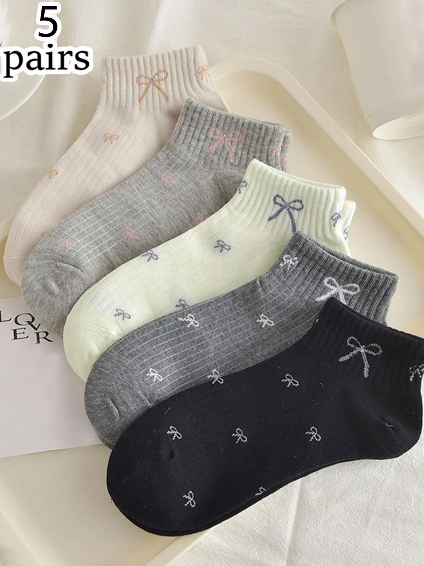 5 pairs of women's fashion sweet bow short socks for spring and summer, student sports socks, breathable lightweight socks suitable for daily wear, Cute Textured Socks