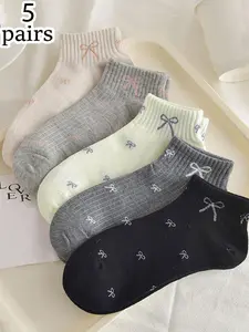 5 pairs of women's fashion sweet bow short socks for spring and summer, student sports socks, breathable socks suitable for daily wear, Cute Textured Socks
