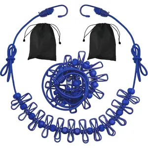 Portable Camping Clothesline with 12 Clothespins, Blue. Retractable Elastic Clothesline for Outdoor and Indoor Use, Suitable for Campers and Hotel Rooms