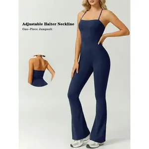 Women's Halter Neck Sleeveless Yoga Jumpsuit, Soft Nylon-Spandex Blend Flare-Leg One-Piece Sporty Jumpsuit, Activewear for Daily Wear, Outdoor Training & Fitness, All-Season Workout Jumpsuit