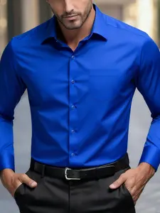 Men's Fashion Formal Classic Solid Color Blue Shirt with Pockets, Casual Party Wear, All-Season Long Sleeve Button-Up, Versatile Outdoor Style