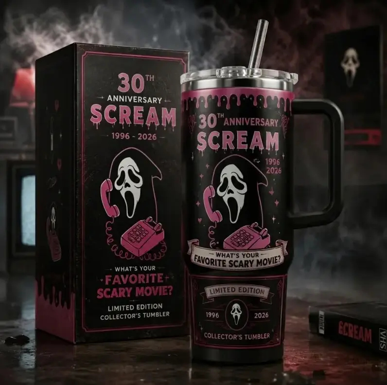 Scream 30th Anniversary Tumbler Collection, Limited Edition Ghostface Stainless Steel Travel Mug, 40oz Insulated Cup with Handle & Straw, Horror Movie Gifts