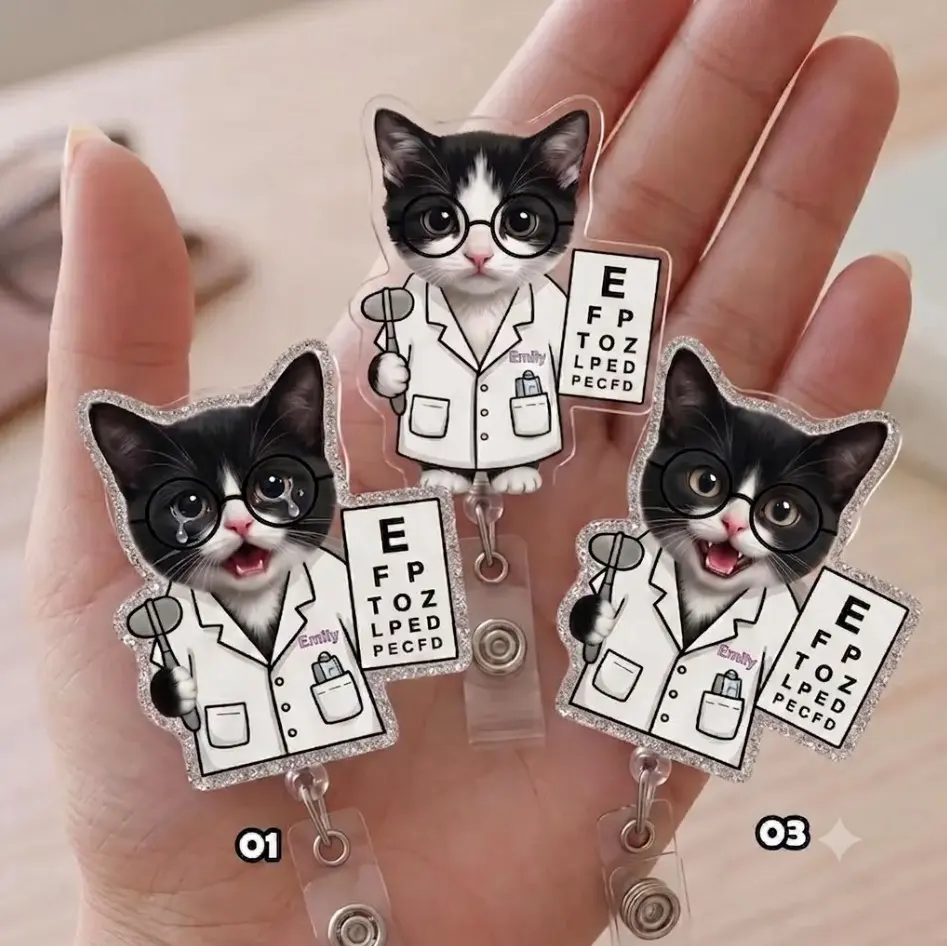Custom Tuxedo Cat Optometrist Badge Reel, Personalized Retractable ID Badge Holder, Funny Eye Doctor Eye Chart Clip for Ophthalmologist, Optician, Medical Staff Gift