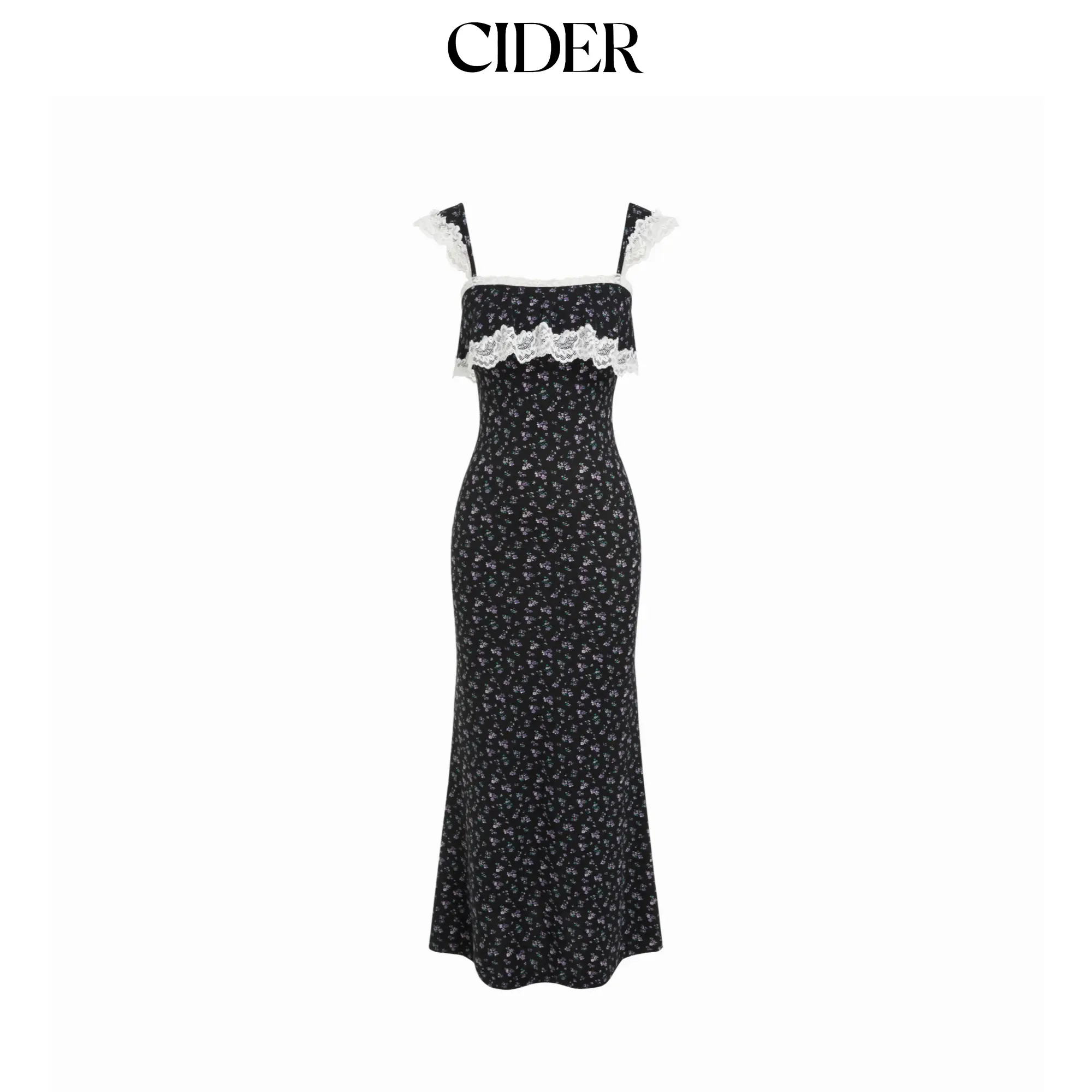 Cider Women's Cute Ditsy Floral Knit Mermaid Maxi Party Dress with Ruffled Sleeves and Lace Panel, Elastane, Do Not Dry Clean