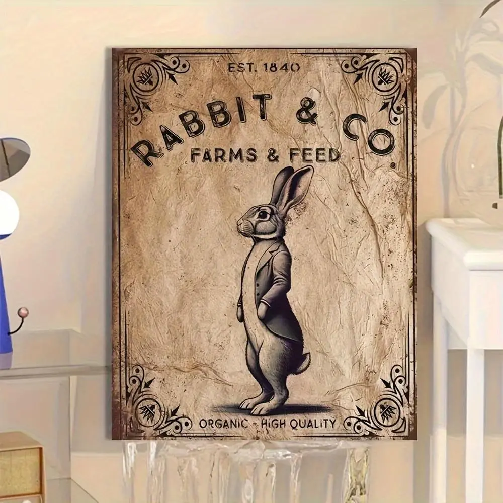 1pc Artistic 2D Flat Vintage Easter Bunny Canvas Photo Print - Rustic Farmhouse Rabbit Decoration, "Rabbit & Co Farms & Feed" Design, High-Quality Indoor Wall Hanging for Home Room, Kitchen Country Holiday Decor