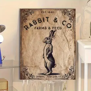 [2D Flat] 1pc Vintage Easter Bunny- Rustic Farmhouse Decor with "Rabbit & Co Farms & Feed" Design, High-Quality Canvas Print for Home, Garden, Cafe, Bar, or Shop - Country Style Holiday Cheer, Indoor Wall Hanging, Rabbit Decor,