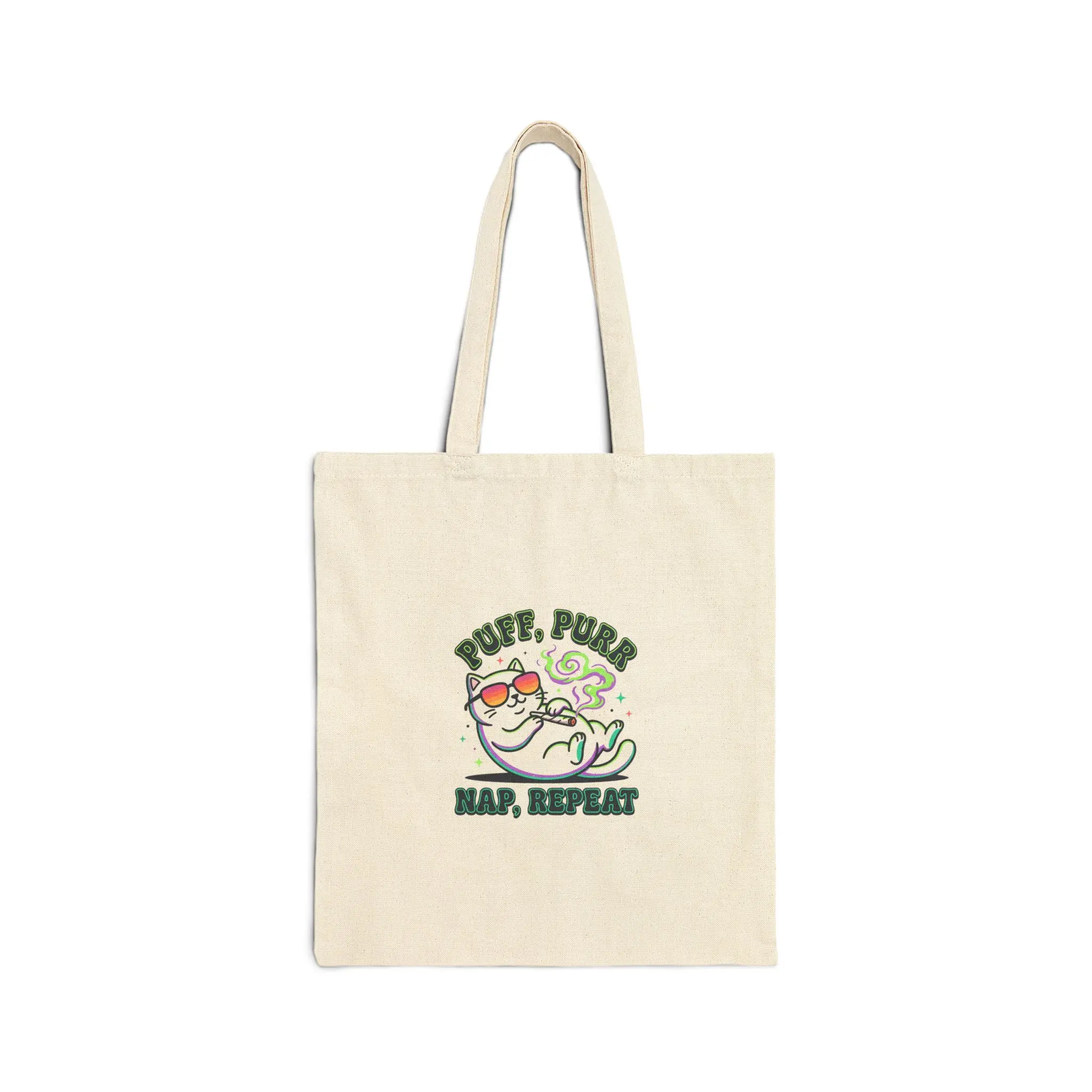 Puff Purr Nap Repeat Tote | cannabis 420 stoner humor, psychedelic cat canvas