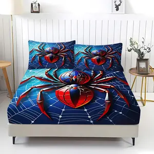 3Pcs Spider-Man Themed Bedding Set Hero Theme Complete Set Features a Vibrant Blue and Red Design with a Glossy 3D Effect, Contemporary Style, Perfect for a Child's Room, Bringing Energy and Adventure to The Bedroom.