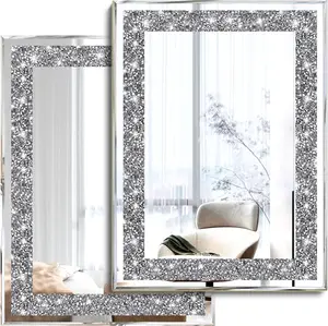 2 Piece Wall Mirrors, Crush Diamond Wall Décor Silver Decorative Mirrors for Living Room , Bedroom, Bathroom. (11”x15”) Hanging Set Crystal Circle