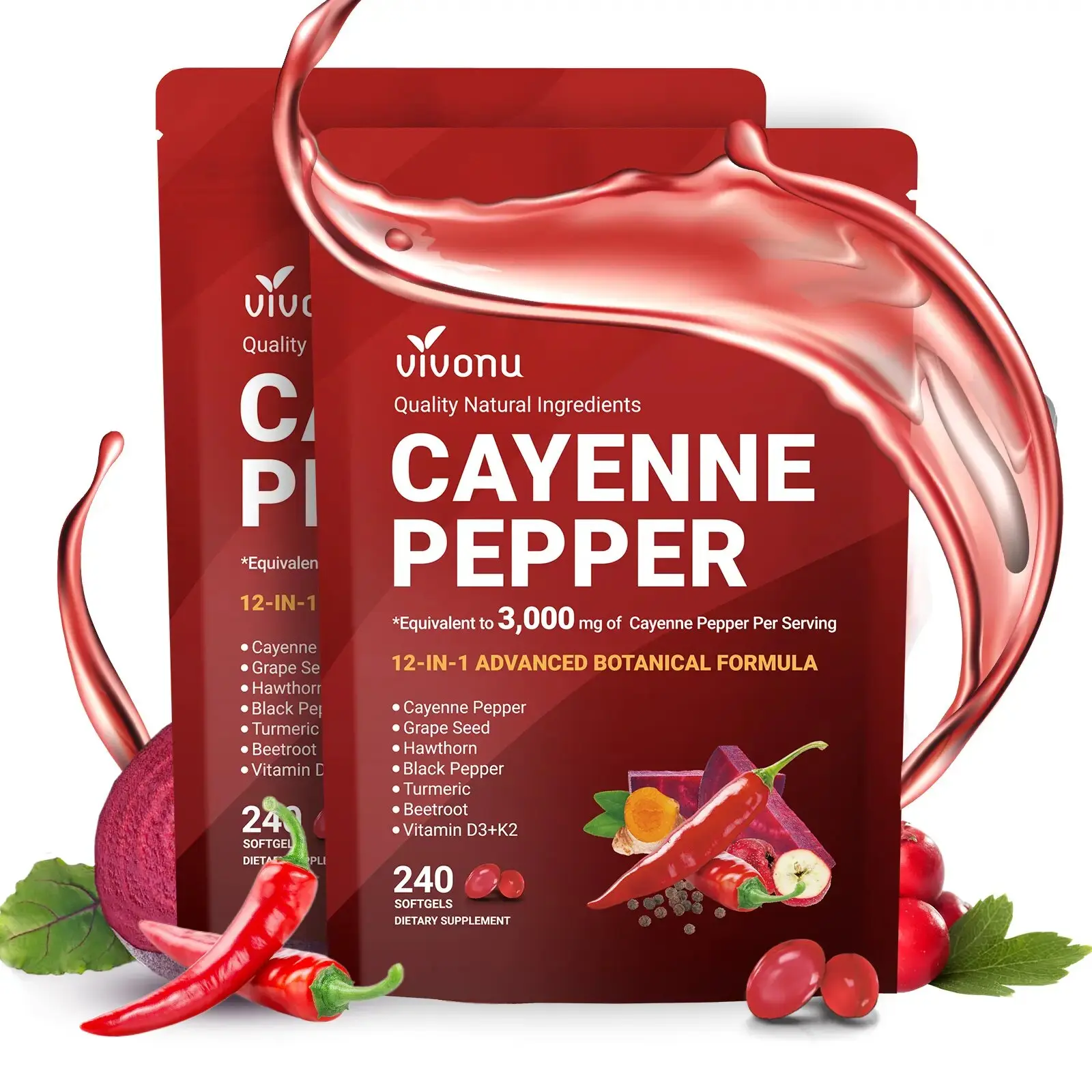 【Brand Day】VivoNu Cayenne Pepper Softgels Supplement, Supports Leg Vein, Heart and Blood Vessel Health, with Vitamin E D3+K2 and Extracts of Grape Seed, Hawthorn, Beetroot and Others (240 Softge /1 Bag) SummerVibes