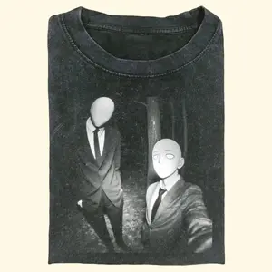 Funny Slenderman x Saitama Meme Shirt | Anime Parody Graphic Tee | Vintage Washed Creepy Aesthetic T-Shirt