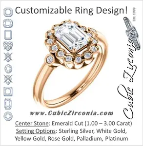 Cubic Zirconia Engagement Ring- The Raleigh (Customizable Emerald Cut Design with Clustered Halo and Round Bezel Accents)