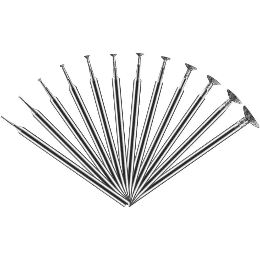 Hanboost 12Pcs Diamond Grinding Burr Kit, 2.35mm Shank S2 Rotary Tool Accessories with 0.5-10mm Inverted Trapezoidal Bits