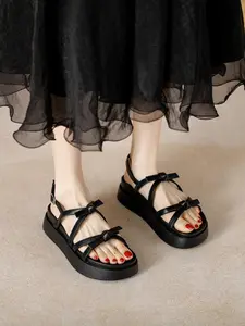 Women's Chunky Heel Sandals, Waterproof Platform High Heels, Fashion Outdoor Buckle Bow Shoes, Thick Sole Beach Slippers