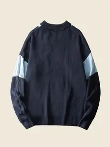 Women's Patchwork Cartoon Bear Embroidery Cable Knit Sweater, Casual Drop Shoulder Round Neck Pocket Jumper for Fall & Winter, Fashion Ladies' Knitwear for Daily Wear