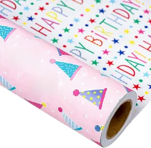 Birthday Gift Wrapping Paper Roll - 17Inch X 32.8Feet - Reversible Luxury Pink Girly Birthday Party Hat, Happy Birthday Lettering Gift Wrap for Kid Girl Birthday, Baby Shower, Party, Holiday