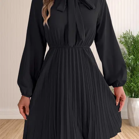 Women's Plain Knot Front Pleated A Line Dress, Elegant Chic Long Sleeve Bishop Sleeve Tie Neck Short Dress for Fall & Winter, Dresses with Sleeves, Women's Clothing Womenswear for Daily Wear, Casual Wear, Casual Classy Dress, Casual Chic Fitted