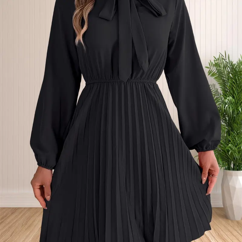 Women's Plain Knot Front Pleated A Line Dress, Elegant Chic Long Sleeve Bishop Sleeve Tie Neck Short Dress for Fall & Winter, Dresses with Sleeves, Women's Clothing Womenswear for Daily Wear, Casual Wear, Casual Classy Dress, Casual Chic Fitted