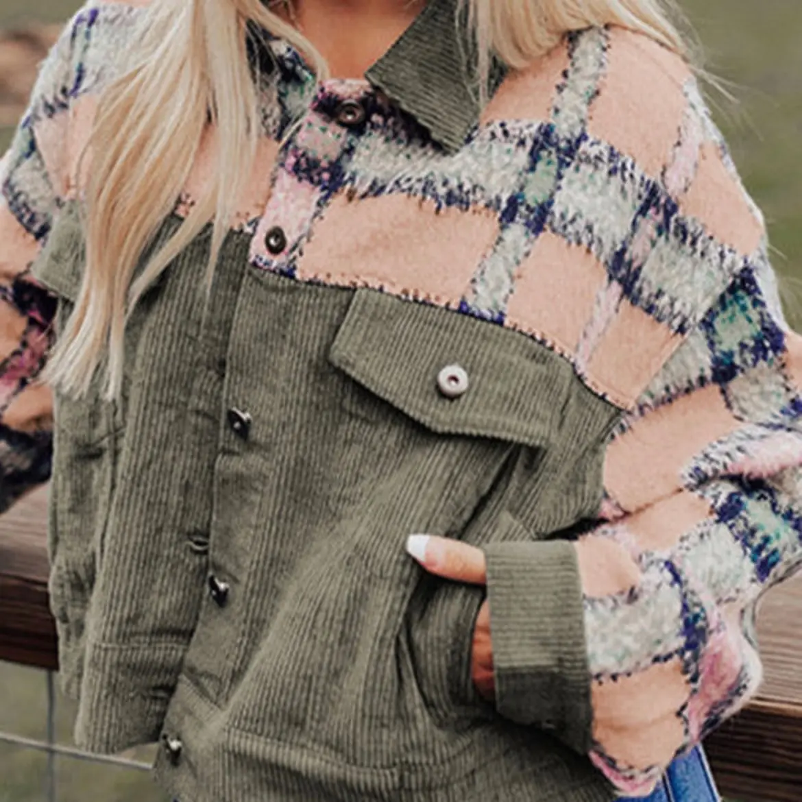 Green plaid corduroy  flap pockets boxy chunky jacket