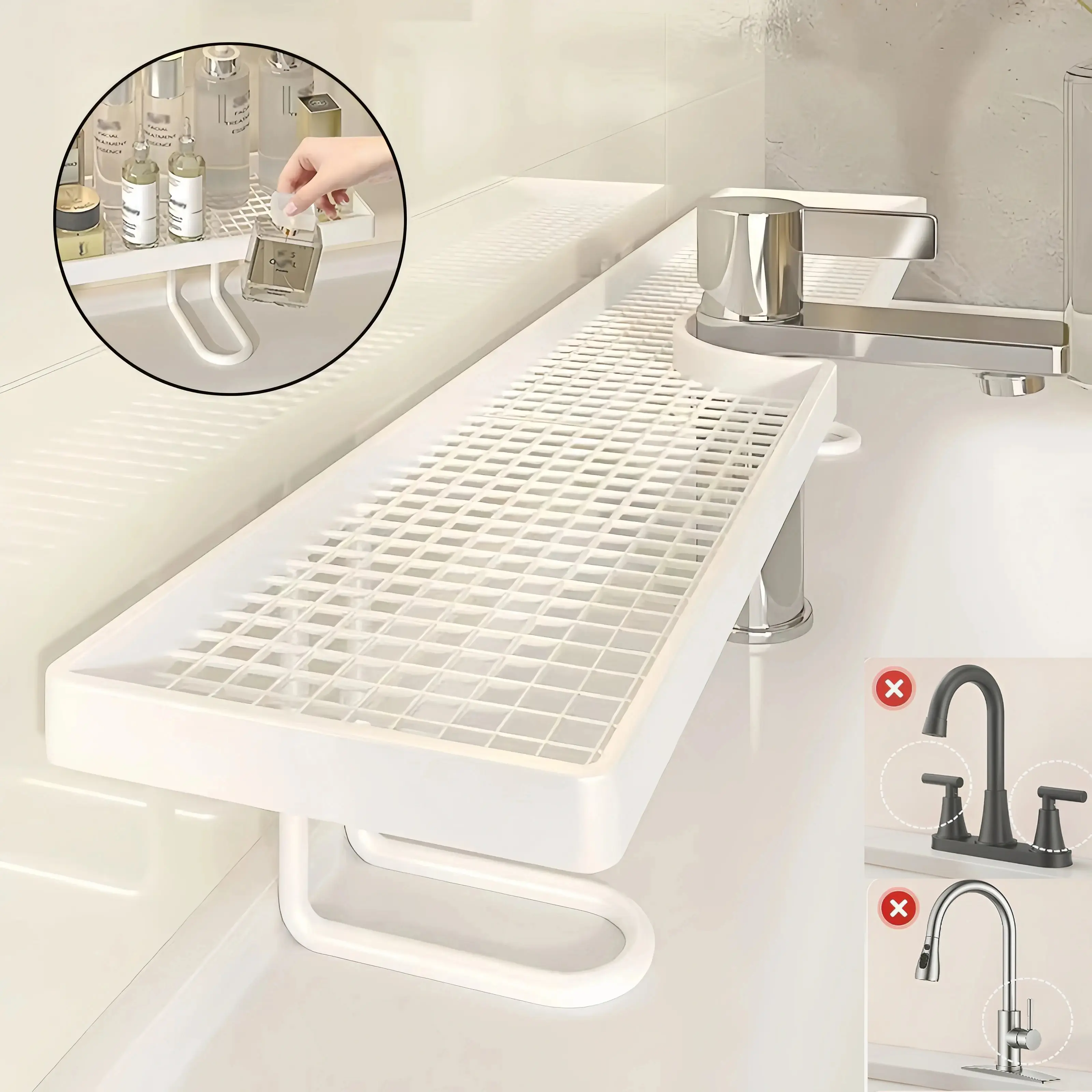(Not Suitable for Circular Pools&Compatible Faucets are Shown on the Details Page)[ESMIBEN] Luxury Minimalist Bathroom Sink Organizer – No-Drill Vanity Counter Storage Rack, Skincare, Toiletries & Cosmetics, Countertop Storage, 19.7 × 4.3 in