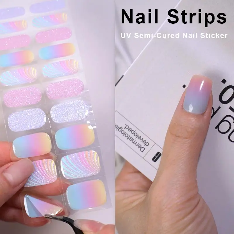 20Tips Semi-Cured Gel Nail Sticker Gradient Color Nail Polish Wraps Long-Lasting Full Cover Gel Sticker UV Lmap Nail File Wooden