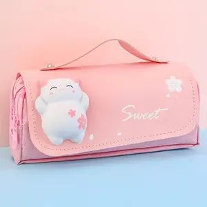 Sakura Cat Pencil Bag - Pink Design with Cute Cat Character, Soft Fabric, and Cute Flower Accents